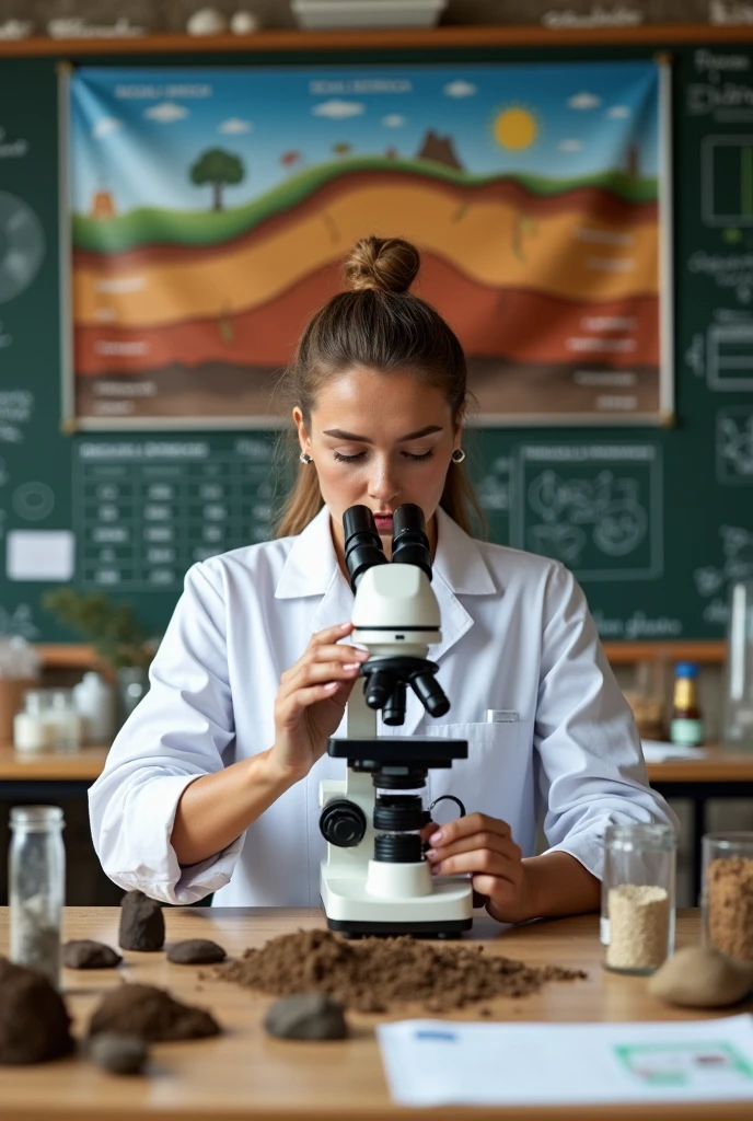 "A detailed laboratory scene with a women scientist examining a soil ...
