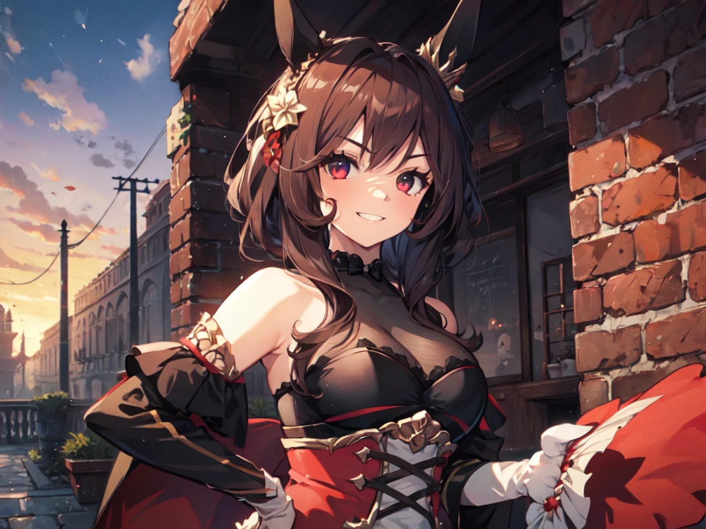 (Solo:2), (1 Female:2), (Very Large Breasts, Horse Ears), (Smiling, Showing Gums, Looking at Camera), (Red Fort Gardens), (Sunset), (Focus on Breasts), (Carefully Drawn, Amazing Artwork, Top Quality, High Resolution, 8K, Detailed, Delicate)