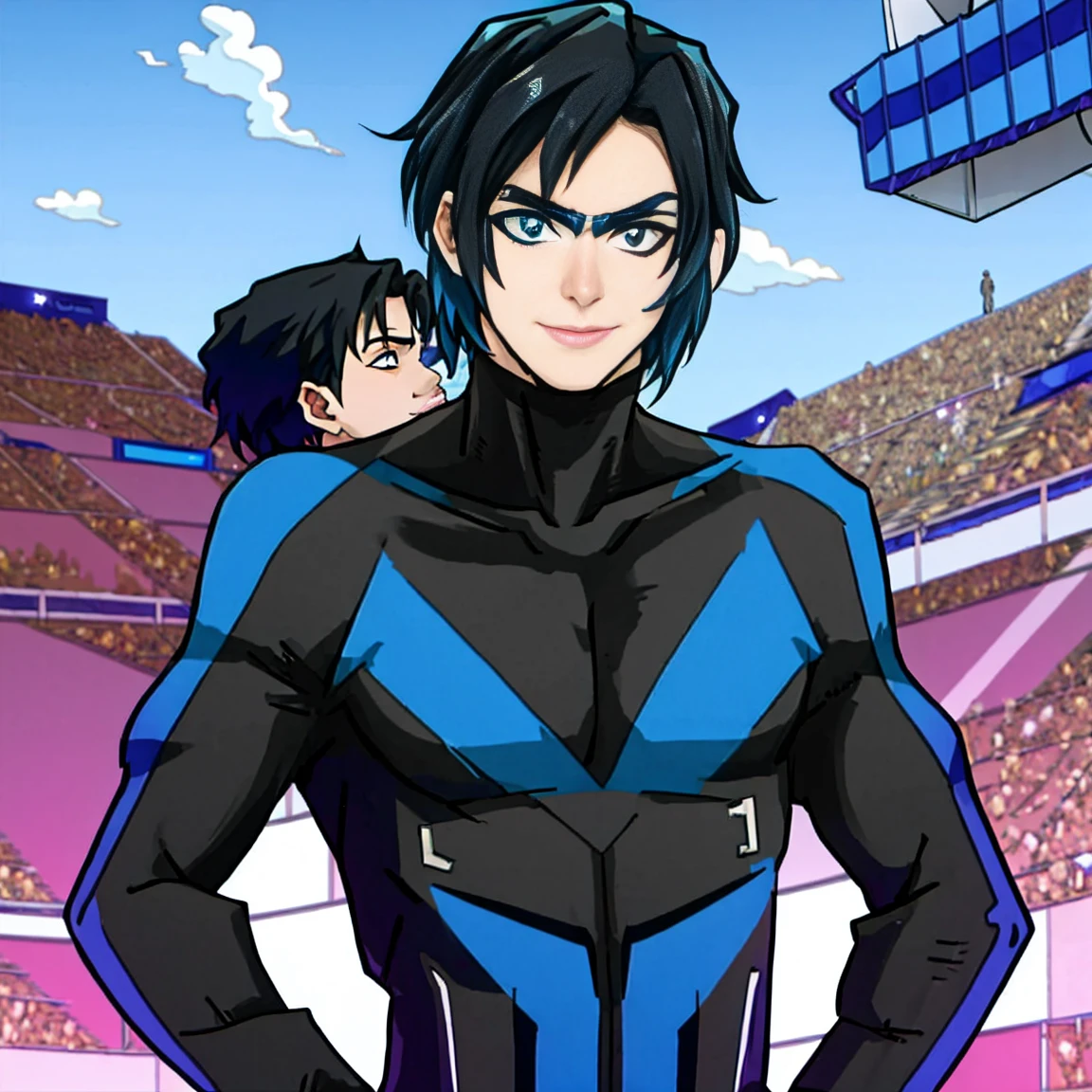   nightwingsuit, cute young man  ,   sexy body ,   tall  , Shiny black hair, upright, 