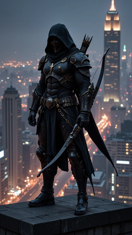 A full-body image of a muscular adult male.black leather full-body image 、and hood, a hooded person in invisible armor . wears leather armor, Tights.epic ninja suit, rogue.Leather fit to cover the whole body. smooth leather .Boy Teenage Assassin , stealth suit , cyberpunk assassin , stand on the roof of a skyscraper. . black night . Dark atmosphere .Low light.Weak lights cast dramatic shadows. Weird cyberpunk atmosphere . cyberpunk city.Futuristic tech style,robot,mecha skin,latex bodysuit .whole body image.Handheld composite mechanical giant bow.full body photo
