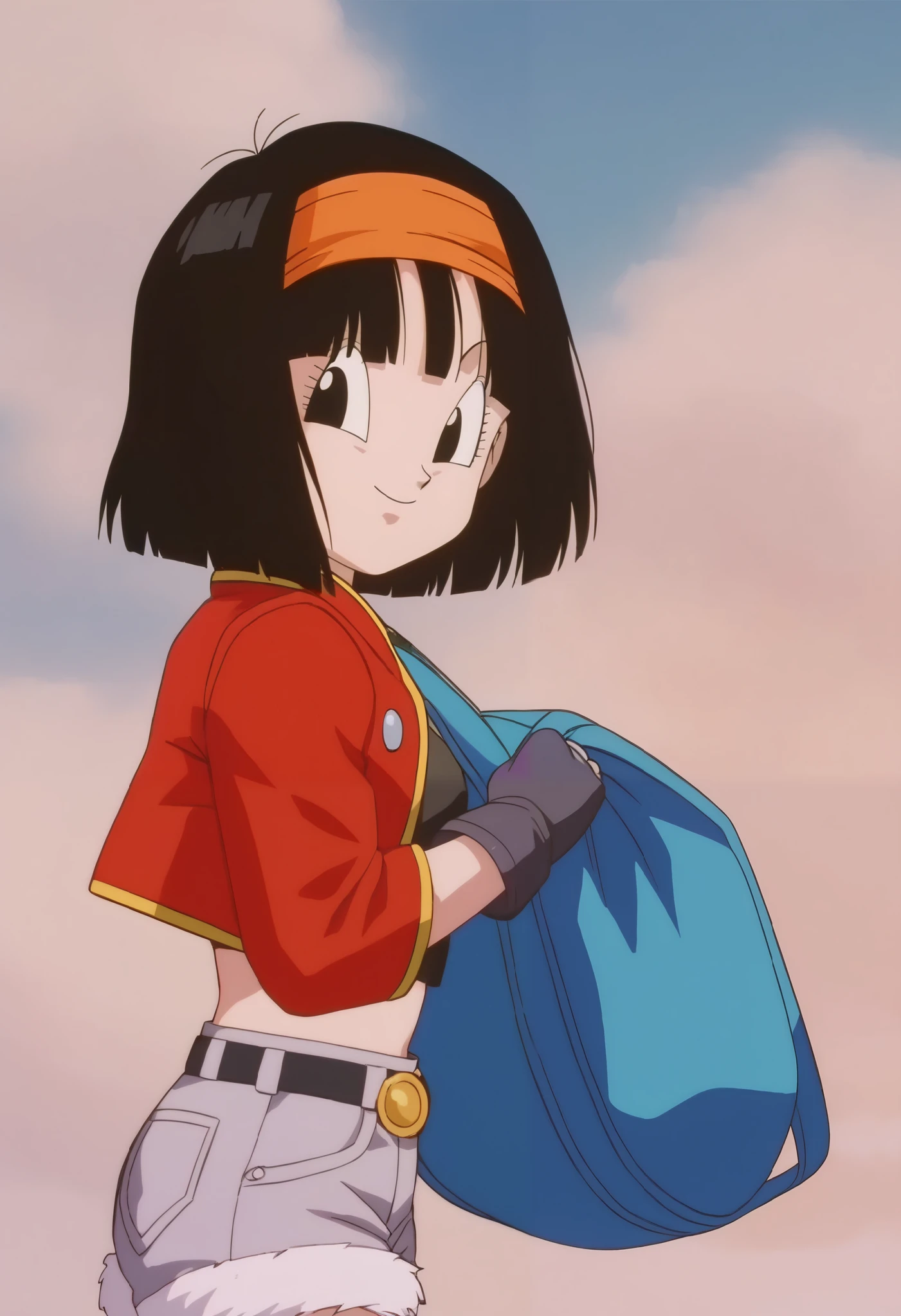 source_anime, score_9, score_8_up, score_7_up, anime screencap, absurdres, high quality,
pan \(dragon ball\), xeno, official style, 1girl, solo, looking at viewer, black eyes, smile, closed mouth, short hair, black hair, bangs, orange hairband, red jacket, (green short shorts), (dark green shorts), long black stockings, from side, dusk, cloudy sky, outdoors, portrait, close-up, single brown kneepads, winkin, 
 
 