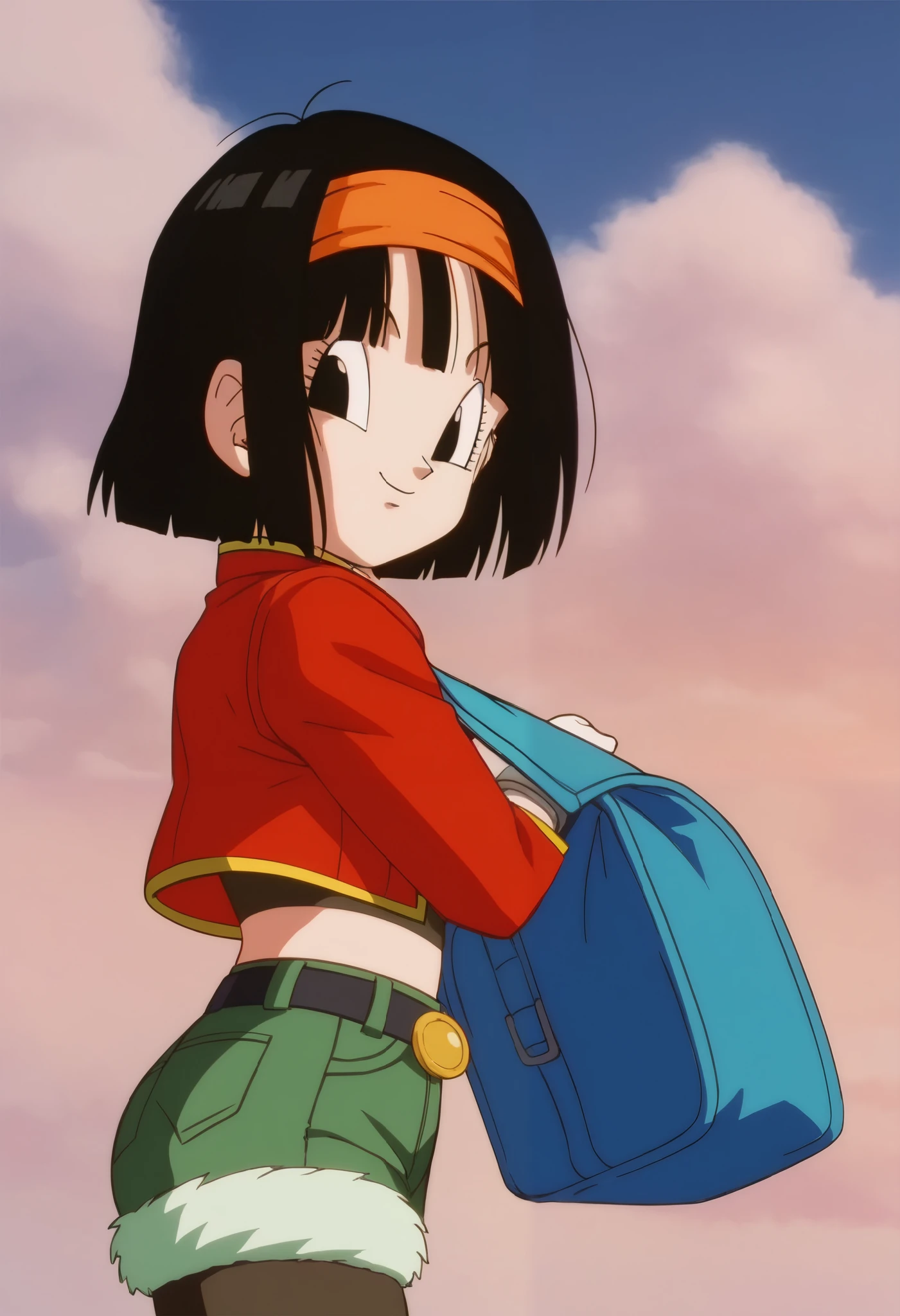 source_anime, score_9, score_8_up, score_7_up, anime screencap, absurdres, high quality,
pan \(dragon ball\), xeno, official style, 1girl, solo, looking at viewer, black eyes, smile, closed mouth, short hair, black hair, bangs, orange hairband, red jacket, (green short shorts), (dark green shorts), long black stockings, from side, dusk, cloudy sky, outdoors, portrait, close-up, single brown kneepads, winkin, 
 
 