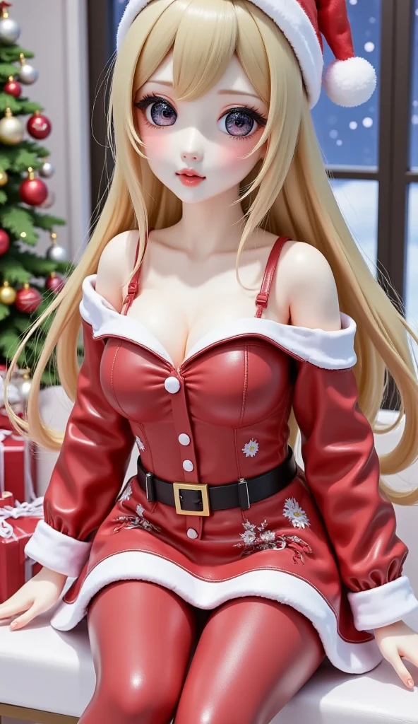 full body,oneuandgr,Realistic photo, 1girl, long hair, fair skin, big breasts, Santa hat, off-shoulder, red leather top, red short leather skirt, garter belt, leather stockings, long legs, red high heels, full body, luxury living room, Christmas tree, Christmas gift, Christmas,