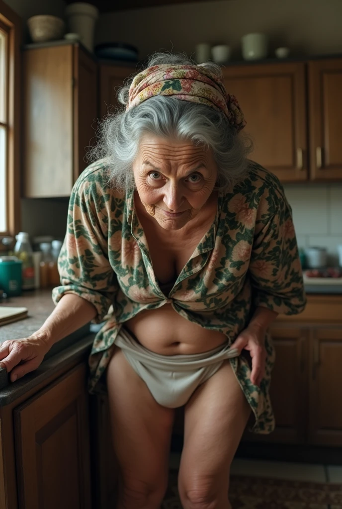 A woman aged 65, with a suffering facial expression and strong features, with a big nose, thick eyebrow, weighing 45 kilos, 167 centimeters tall, small, saggy breasts and long, black hair. With the naked body, wearing prescription glasses and wearing flip flops. She is being seen full body, kneeling and looking slightly upwards. Alone in a humble kitchen at night with little light.