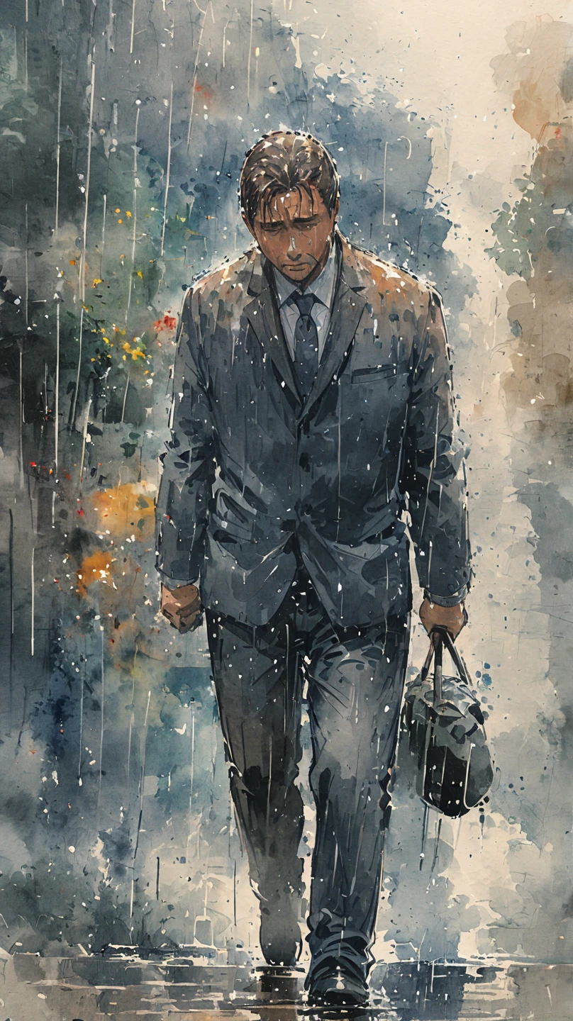 watercolor painting of a man in suit in the rain. full body shot of the man who is soaked under the rain. he tilts his head up to face the rain, the rainwater flows down his face. he is walking in the street, holding his hands out to feel the rain. watercolor brushes stroke painting style. the sky is dark.