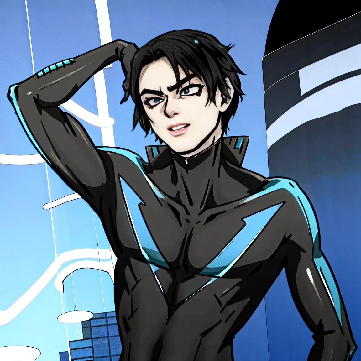   nightwingsuit, cute young man  ,   sexy body ,   tall  , Shiny black hair, upright, 