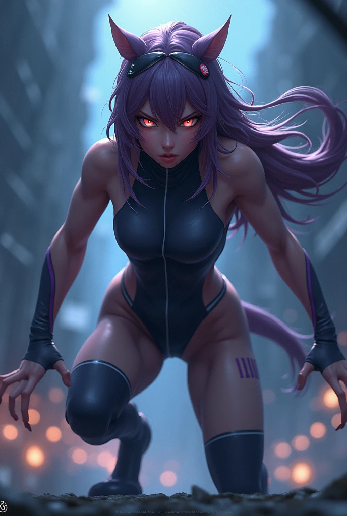best quality, expressive eyes, perfect face, front view, shihouin yoruichi (Bleach), dark skin, ((black leotard)), arm gloves, stockings, yellow eyes, purple hair, long hair, ponytail, thighhighs, storm, rain, thunder, rays, sky, clouds
