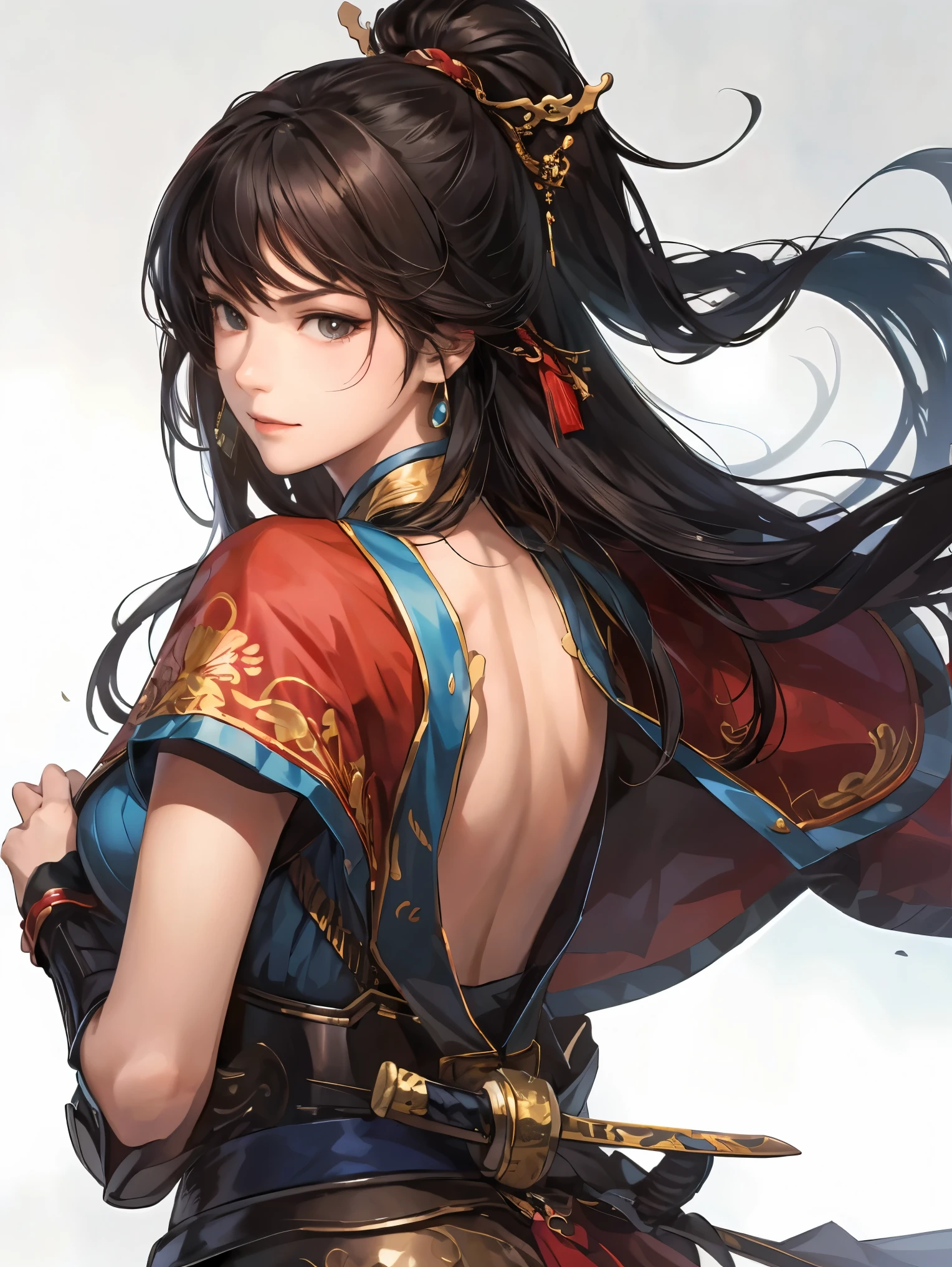 beautiful woman with dark hair :1.3, Amazing Character Art , Hanfu,(( Pure white background)), ( top quality ), handsome, Beautiful Female Knight with Blue Odango Hair , 2. 5D CGI fantasy artwork, detailed digital art , Very nice work of art, fan Art Best Art Station, ( red velvet long cape),(Warrior:1.2)( No Feelings ), exquisitely drawn hand 、 I'm placing my hands below my back , facing forward 、Chinese Armor, upper body、 one woman、 A faint smile 、 wearing a sword through the blank space , Red Armor、 The chest part of the armor is wide open 、 my breasts are exposed 、