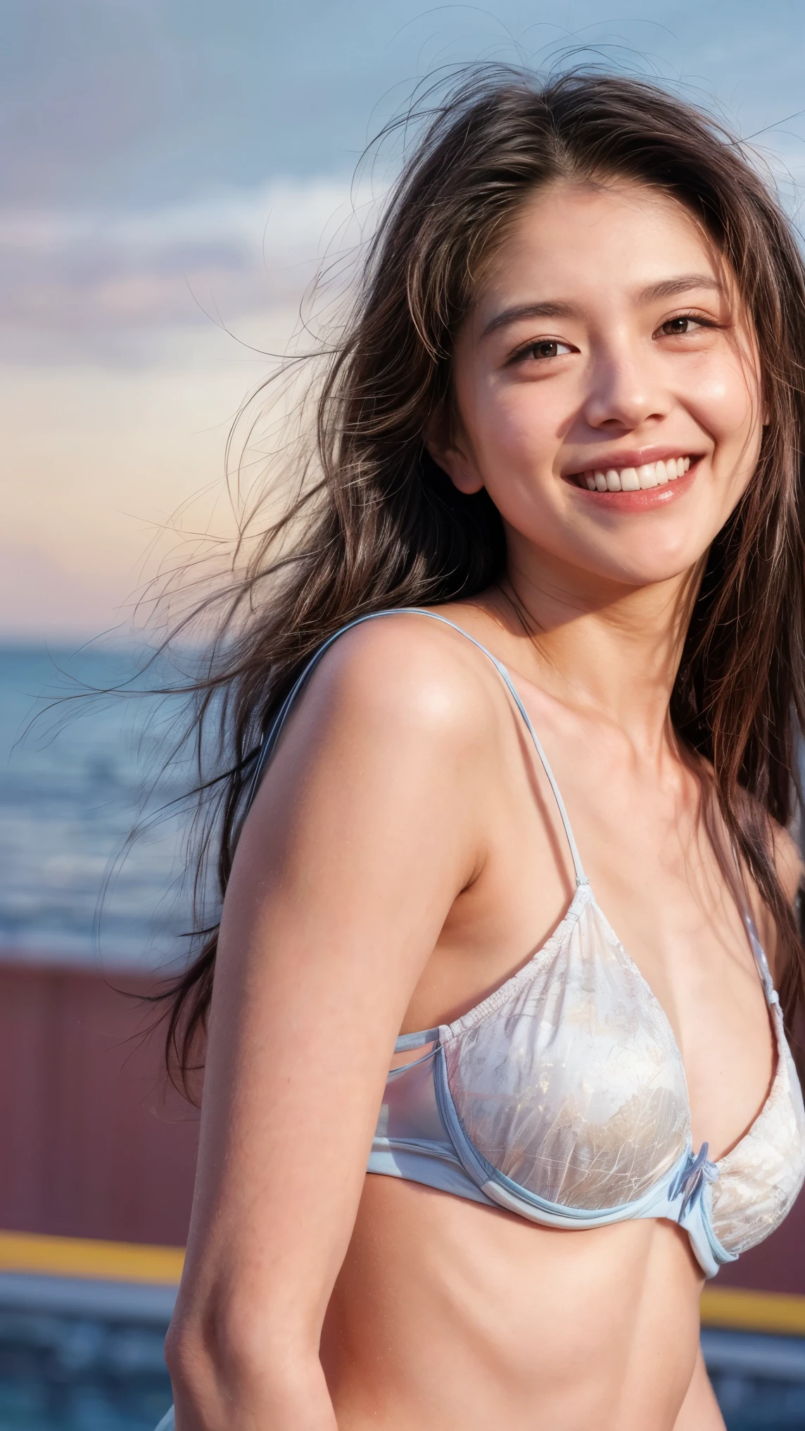 (realistic, photo-realistic), (masterpiece, best quality), high resolution, extremely detailed, intricate details, (sharp focus), professional lighting, light and shadow, portrait, solo, 1girl, a yong female idol, cheerful grin, delicate and beautiful face, (cupless bra), pale skin, fine-textured skin, shiny skin, detailed face, detailed eyes, sophisticated nose, disheveled hair, floating hair, photo background, outdoors, ocean view, magic hour, sunset, evening,