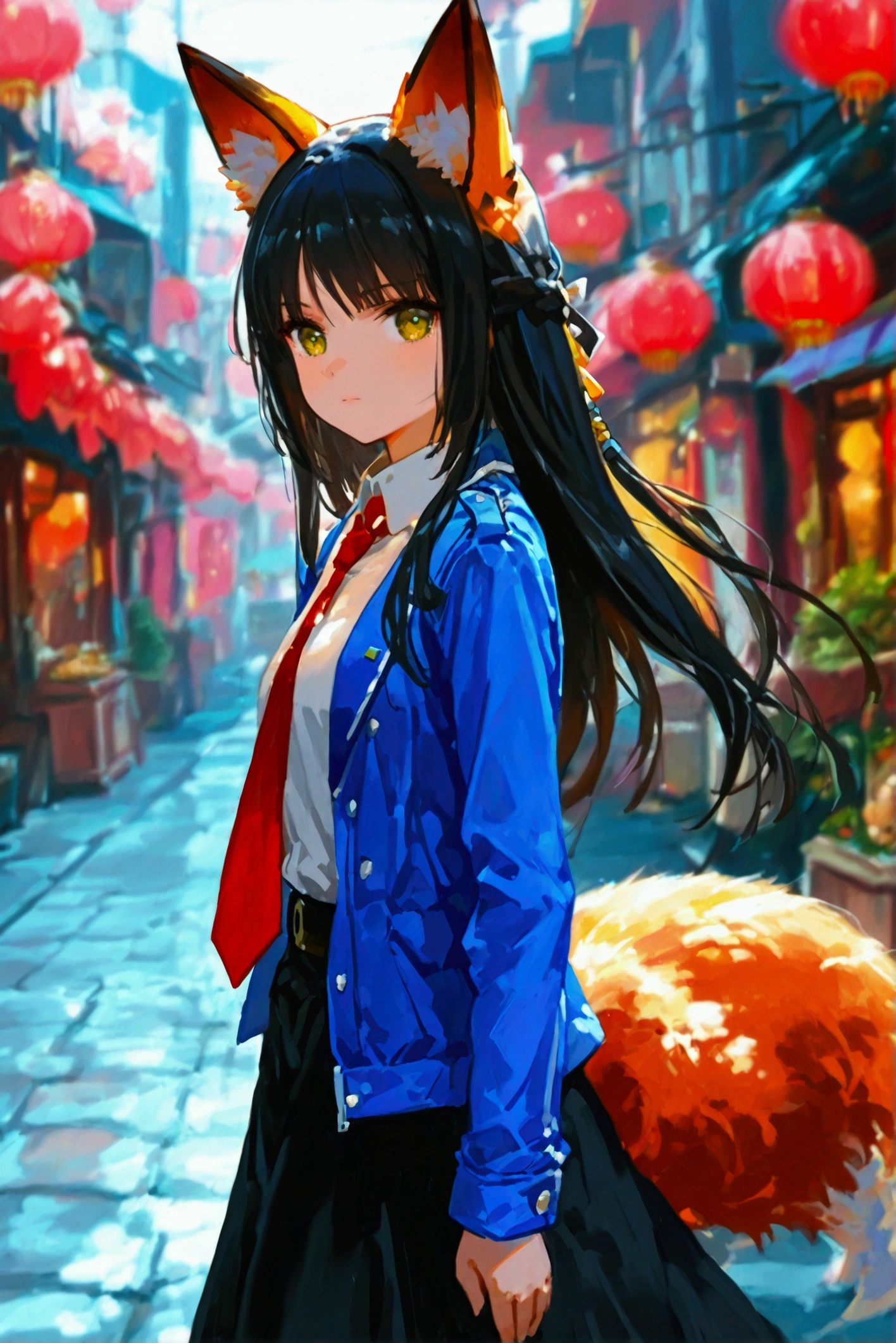 best quality,more detail,1 girl,hoshimi miyabi,black hair,long hair,straight hair,fox ears,black skirt,blue jacket,necktie,standing,street