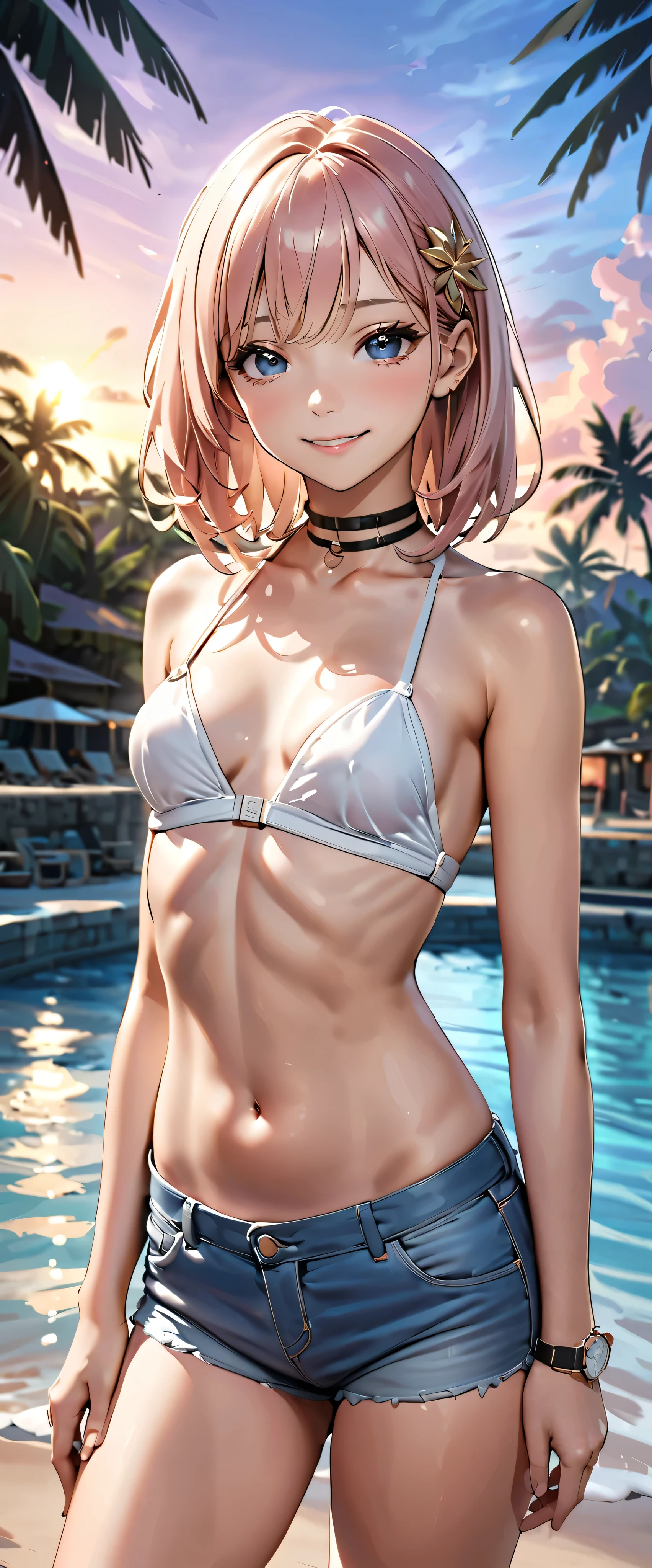  top quality ,  super high res, ( realistic:1.4), One person,   small breasts,  black chokers, smile, Exposing shoulders,  Focus Only ,  Watch viewers,Fair skin,sunset, palm trees, photon mapping,  looking up with moist eyes,  RAW photos ,  very detailed background, K-pop idol, is written by,beach, hair ornament, detailed face , pubic skin, game cg,whole body, micro jean shorts, High Leg Bodysuit ,