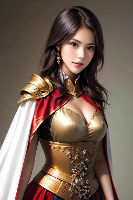 ((The upper body of a female warrior wearing gold and red armor and a cloak:1.5)),1 person,  black hair,  belly shortcut   ,Big breasts and cleavage,  high-definition face and skin texture  ,  staring at the camera,   Chinese Warrior:1.2,  perfect beauty: 1.4, fine grain,  double eyelids in a judo suit ,  whitening for women with bristles, top quality ,  super high res ,  simple background，Symmetrical Normal Eyes   , hair accessories, Slim Waist ,