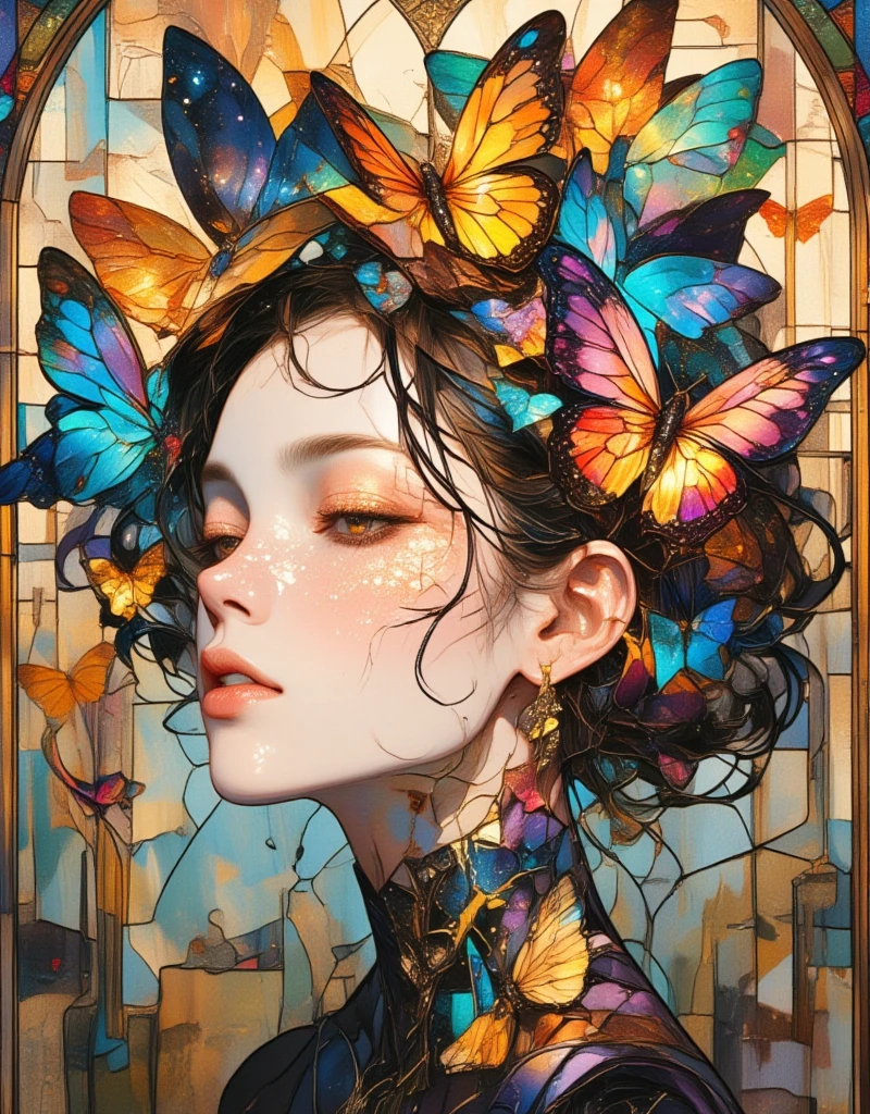 a close up of a woman with butterflies on her head, by Conrad Roset, a beautiful artwork illustration, inspired by Conrad Roset, style of conrad roset, tumblr, illustration art, fabulous illustrations, inspired by James Jean, exquisite digital illustration, art illustration, watercolor detailed art, watercolor illustration style, colorfull illustration, dreamy illustration, beautiful illustration, painterly illustration. Colorful Abstract Background, ArsMJStyle, Stained Glass, glitch