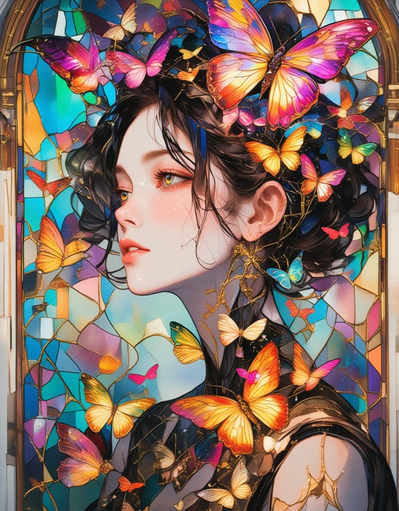 a close up of a woman with butterflies on her head, by Conrad Roset, a beautiful artwork illustration, inspired by Conrad Roset, style of conrad roset, tumblr, illustration art, fabulous illustrations, inspired by James Jean, exquisite digital illustration, art illustration, watercolor detailed art, watercolor illustration style, colorfull illustration, dreamy illustration, beautiful illustration, painterly illustration. Colorful Abstract Background, ArsMJStyle, Stained Glass, glitch