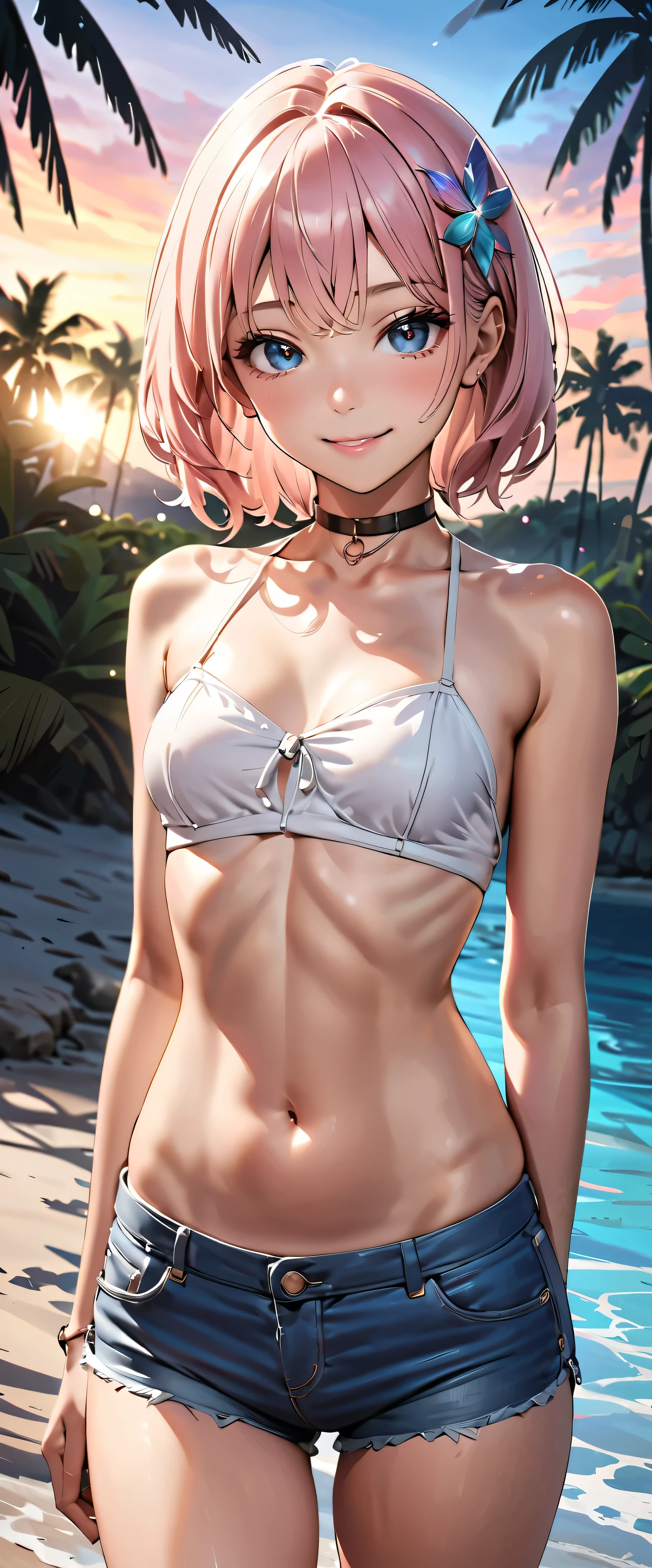  top quality ,  super high res, ( realistic:1.4), One person,   small breasts,  black chokers, smile, Exposing shoulders,  Focus Only ,  Watch viewers,Fair skin,sunset, palm trees, photon mapping,  looking up with moist eyes,  RAW photos ,  very detailed background, K-pop idol, is written by,beach, hair ornament, detailed face , pubic skin, game cg,whole body, micro jean shorts, High Leg Bodysuit ,