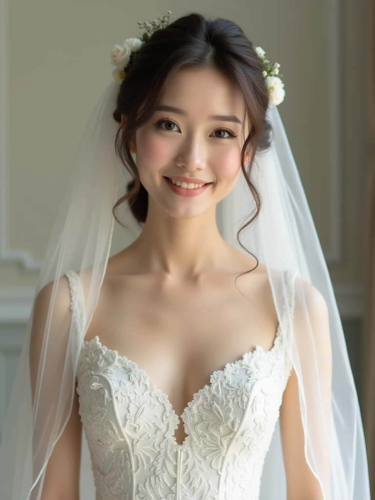valley,(masterpiece), Highest quality, Highest quality, Highly detailed CG Unity 8K wallpapers, original, High resolution, (Depth of written boundary: 1.5), Faithfulness: 1.3, chest, bride portrait style, 1 person, curtain, Veil , bridal Veil, Wedding dress, curtain, jewelry, alone, Earrings, teeth, bride, black_hair