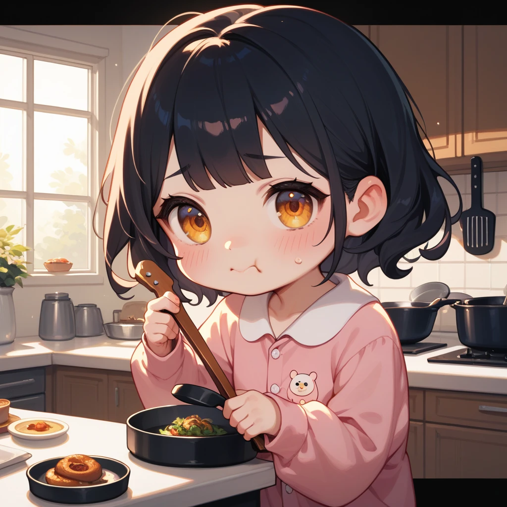 Drawing of cute woman, amber eyes, dark hair in pink pajamas, standing in a kitchen, embarrassed, eating Spaghetti alla carbonara from the frying pan, night mood, accent lighting, dim light, guitar resting against the wall, chibi style