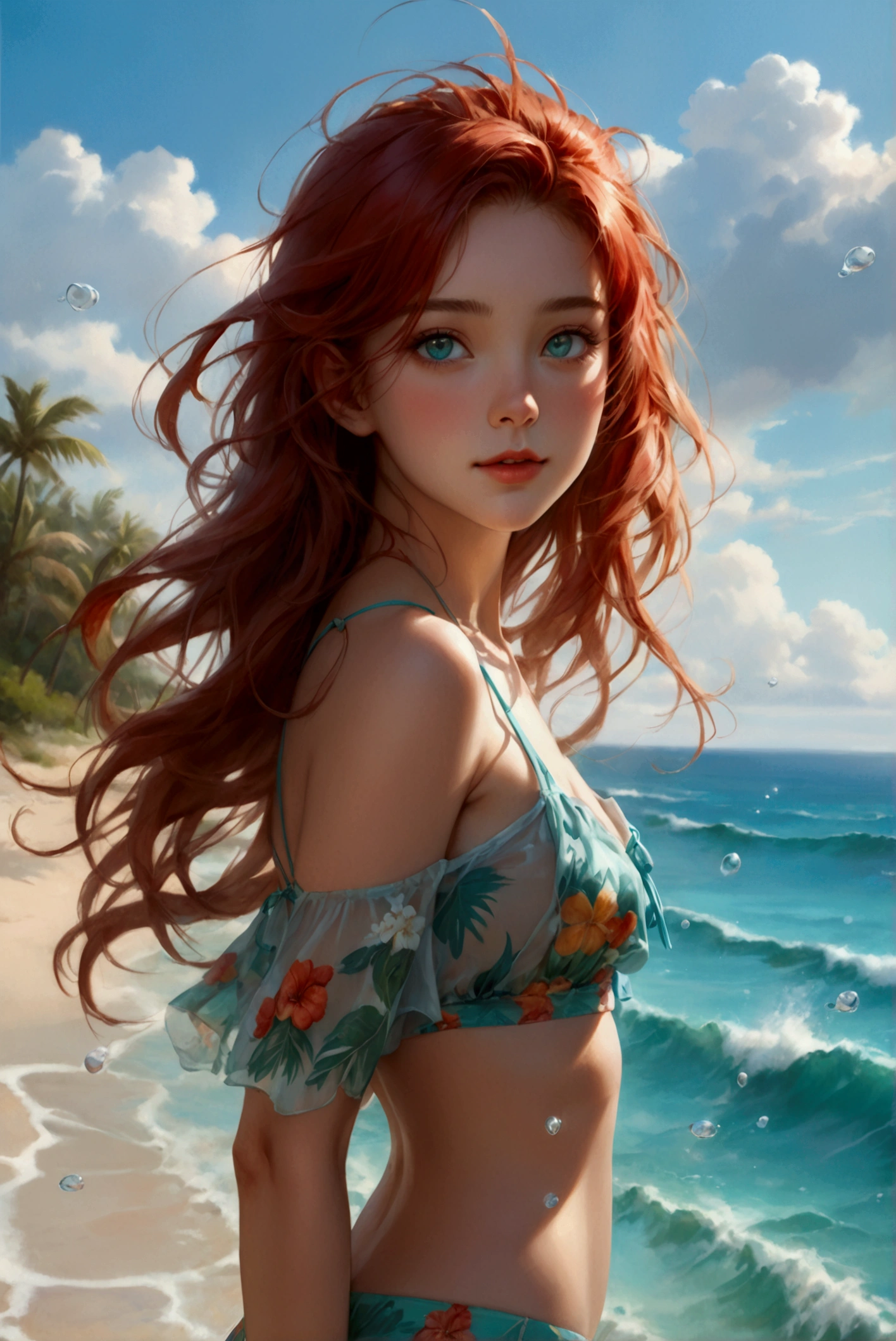 (best quality,ultra-detailed,photo-realistic:1.37), A full-body cinematic shot from below captures a young and cheerful Irish woman at leisure walking on the sandy shore. Under the blue sky with fluffy white clouds, her long wavy red hair is flowing in the ocean breeze, as she subtle looking back at the camera, giving the view a gentle blush. Her square face is adorned with pale-green slanted eyes, low cheek bones, Roman nose, and glossy lips. Her cool-undertone fair complexity matches very well with her beach outfit featuring a gray see-through shirt paired with a tiffany-blue bikini pants in floral print, accentuating her carefree moment at the beach. The shot is set against an aquamarine coastline in the evening overlooking the deep blue ocean, and tropical flora swaying in the gentle breeze. (full-body shot), (anatomically correct), (walking), (looking back the viewer), (from below), (slanted eyes), intricate details, very fine, ((wide angle)), (bikini pants), vibrant colors