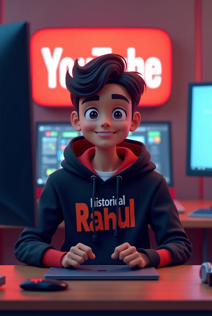 Create a 3D illusion of an animated character who is sitting on the chair in front of the Gaming PC  and the LCD are fully show me and the boy face is  show and the boy is seeing me and he is wearing a casual jeans and shirt . The background are black and "Muzammil"  written on the black wall where the name muzammil is glowing in green color 