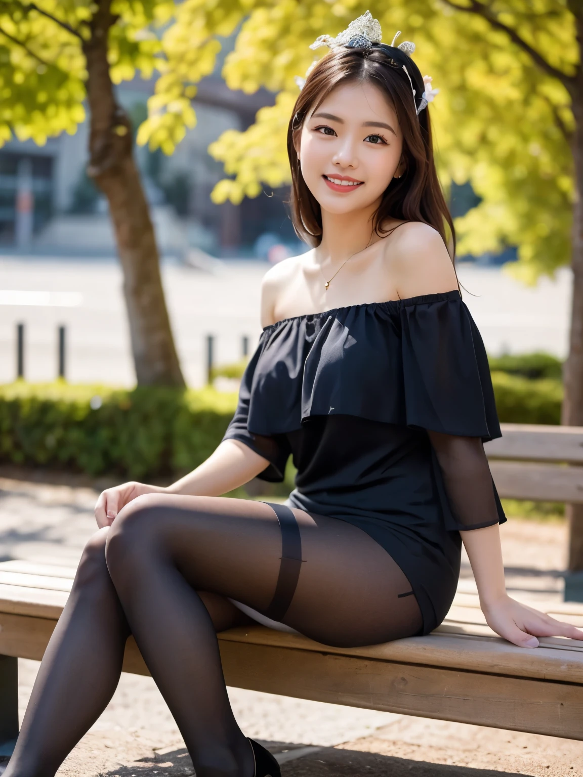 Japanese,Young, (alone), 19 years old, (double),whole body,Bun Hair, Glamour, Pure white skin, Photographed from the front,Observe the audience、(Black bra)、(Black Pantyhose),Black high heels、garden、Squat,
