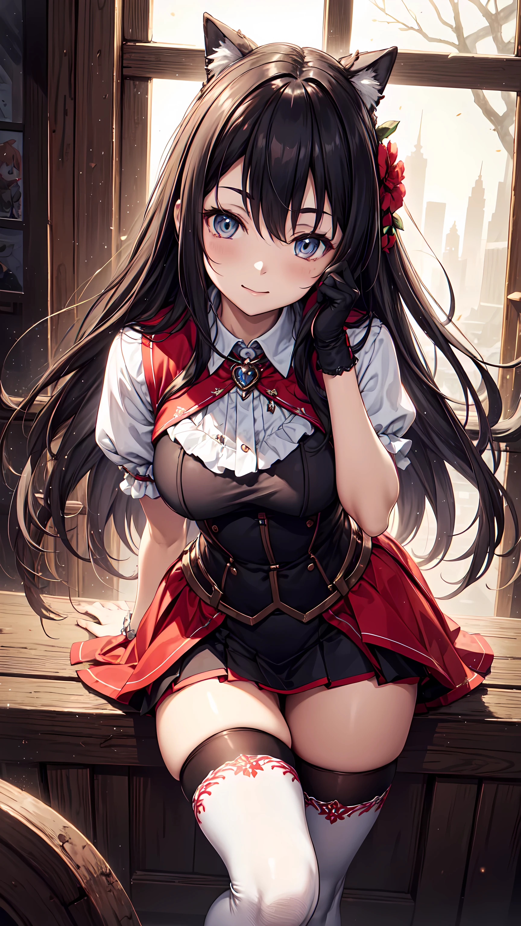 ((masterpiece, highest quality, Best image quality, High resolution)), ((Highly detailed CG synthesis 8k wallpaper)), One girl、candyland, Candy Kingdom, Candy Castle, Fairy tale world, Candy house and juice fountain rainbow lined up, colorful, pop, Fantasy, dream-like, smile,アニメの女の子 with big breast posing on bed in uniform, seductive (masterpiece:1.2, highest quality), (Realistic, photoRealistic:1.4), Beautiful illustrations, (Natural Side Lighting, Cinema Lighting), Written boundary depth, Looking at the audience,Front view, 1 girl, 、Perfect Face, Symmetrical cute face, Shiny skin, Random Hairstyles、Big eyes, Droopy eyes, long eyelashes chest), thin, Beautiful thighs、Tall and beautiful hair, Beautiful Face, Beautiful and beautiful eyes, Beautiful clavicle, Beautiful body, Beautiful breasts, Beautiful thighs, Beautiful legs, Beautiful fingers, ((High-quality fabric)), (Beautiful views), evening, , Are standing, (smile), (((Skirt flip, Panties and pantyhose are visible)))