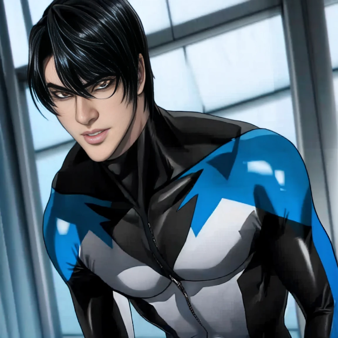   nightwingsuit, cute young man  ,   sexy body ,   tall  , Shiny black hair, upright, 