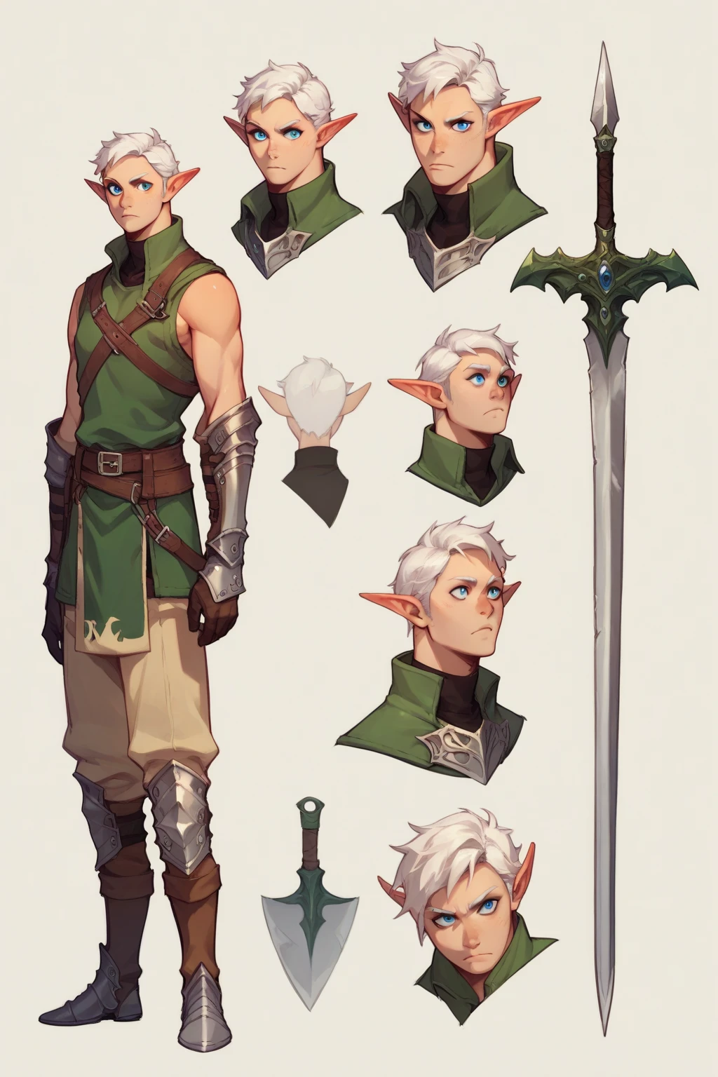 an elf man with long white hair who has a sword and a centura that has blue eyes and a spear on his back that wears armor similar to that of a knight mixed with a rogue that shows from head to toe the character with a design sheet

