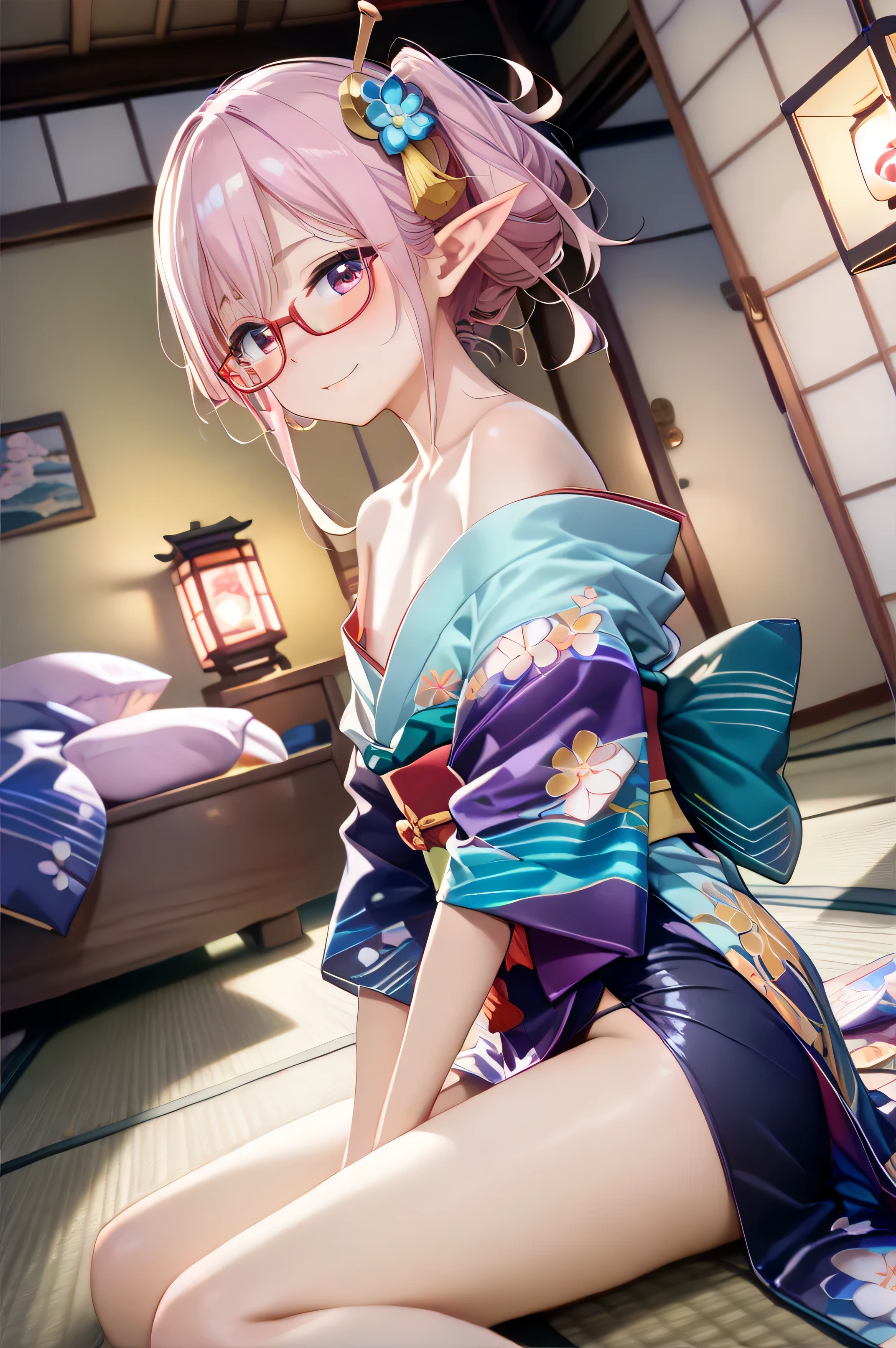 Transparent hair、hime-cut、Golden Eyes、eye glasses、ssmile、early  girls、flat chest、Thin pubic hair、Beautiful open legs、bath robe、flower  field