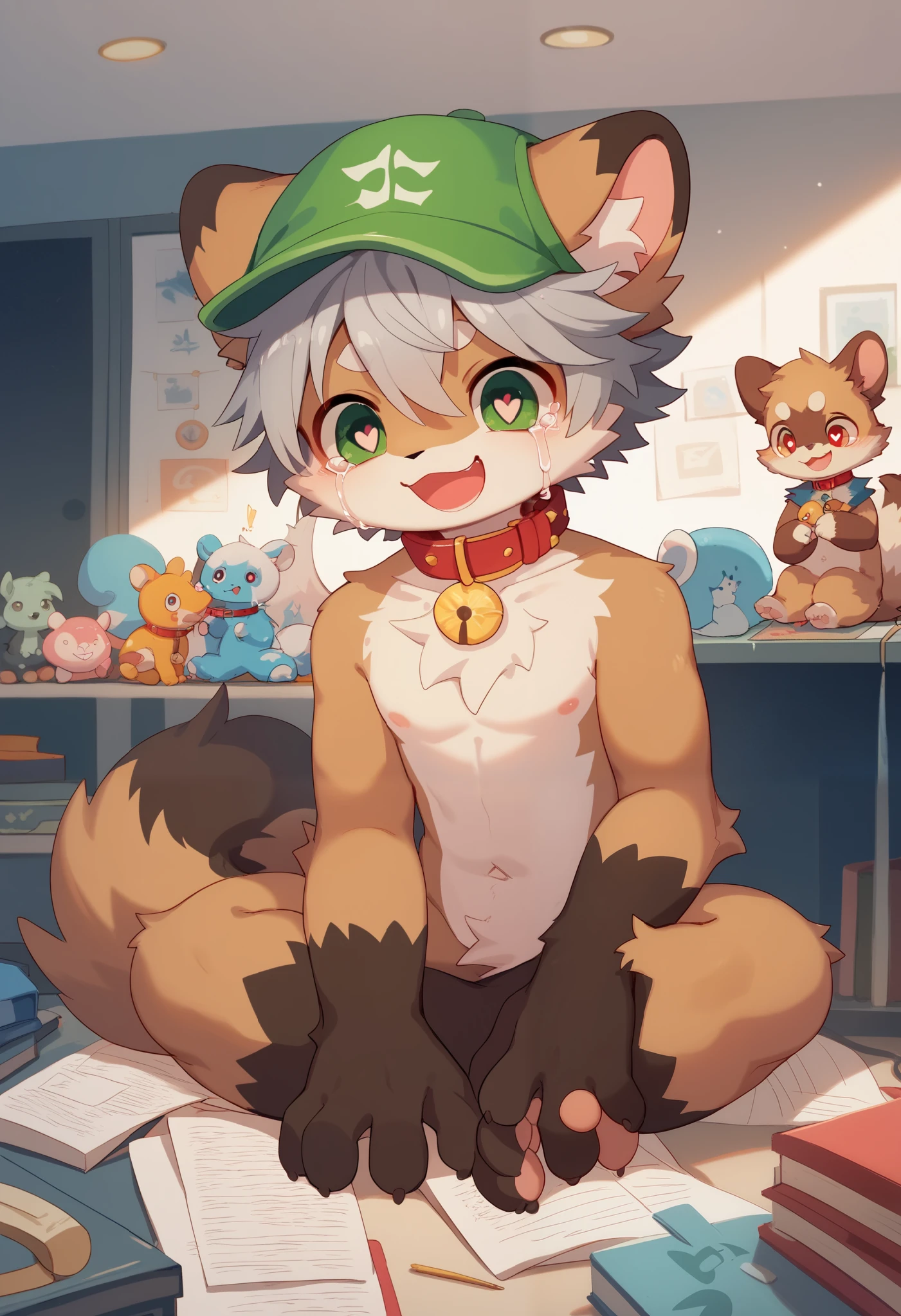    very detailedな,   very detailed,   brown fur gray hair  ,Brown Hair,,male,骨を見て  excited,Heart Eyes,participate, green、white、  and a multicolored hat  ,   cute face,  sitting!,Red collar, black ear  ,    fluffy fur  ,  excited,Horny boy,美しいroom,room ,smile,Dropped ears,naked, Playing with toys !  My mental age   ,want,