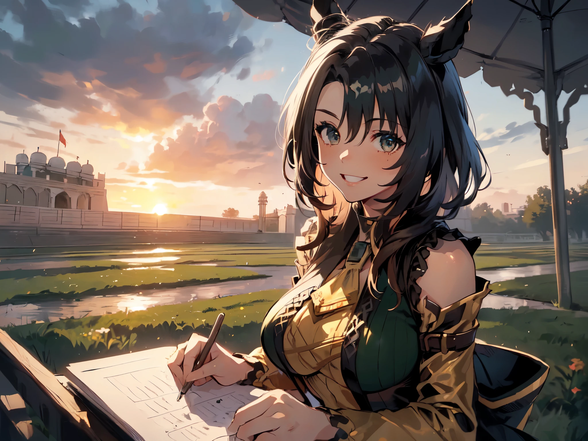 (Solo:2), (1 Female:2), (Very Large Breasts, Horse Ears), (Smiling, Showing Gums, Looking at Camera), (Red Fort Gardens), (Sunset), (Focus on Breasts), (Carefully Drawn, Amazing Artwork, Top Quality, High Resolution, 8K, Detailed, Delicate)