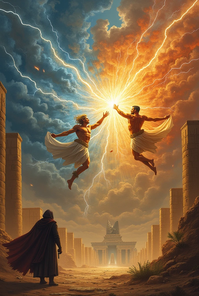 Circular frame with the gods of Olympus around, thunder and fog
