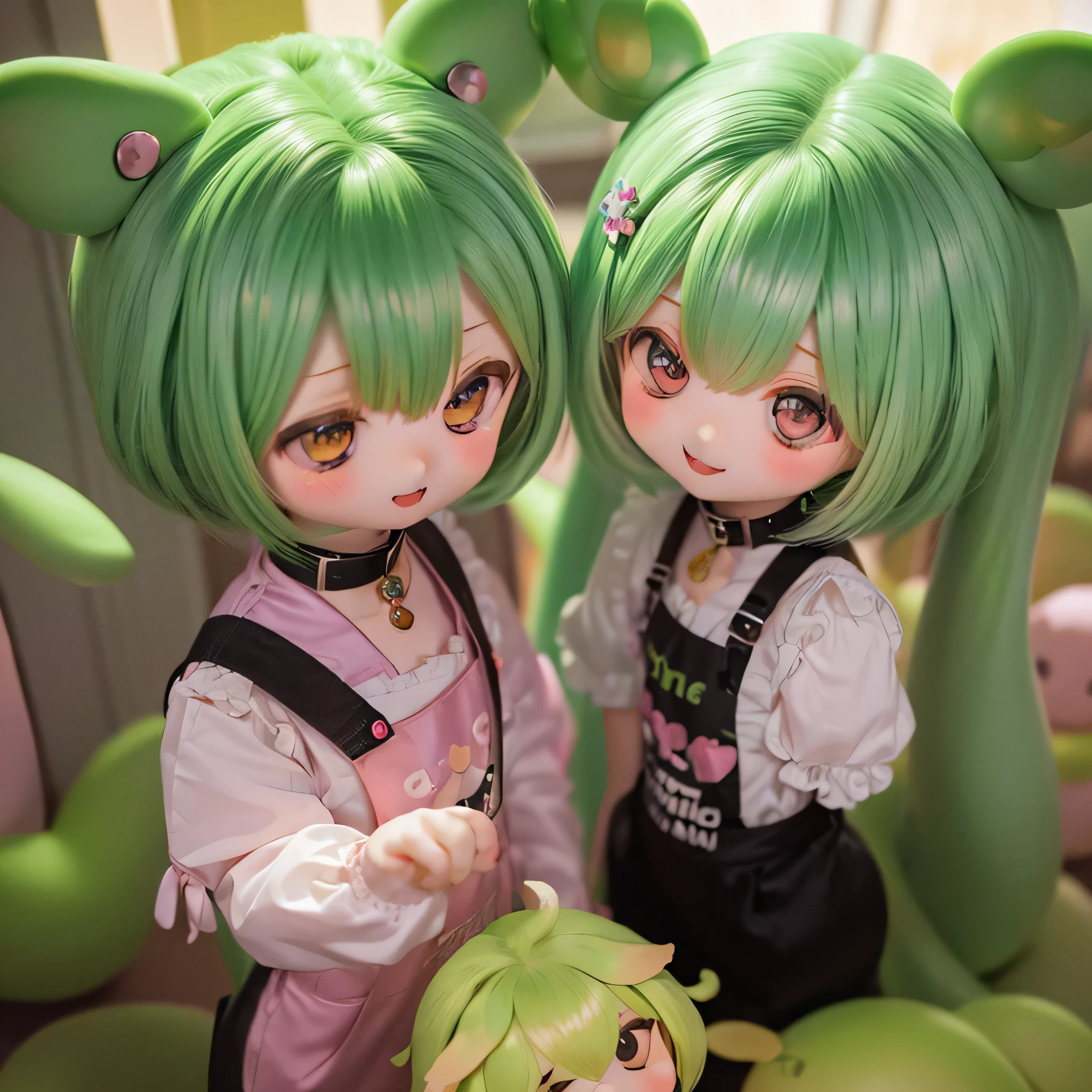       green-haired Zundaman in a cute pose(((((Chibi)))))play、(((Mother and daughter)))