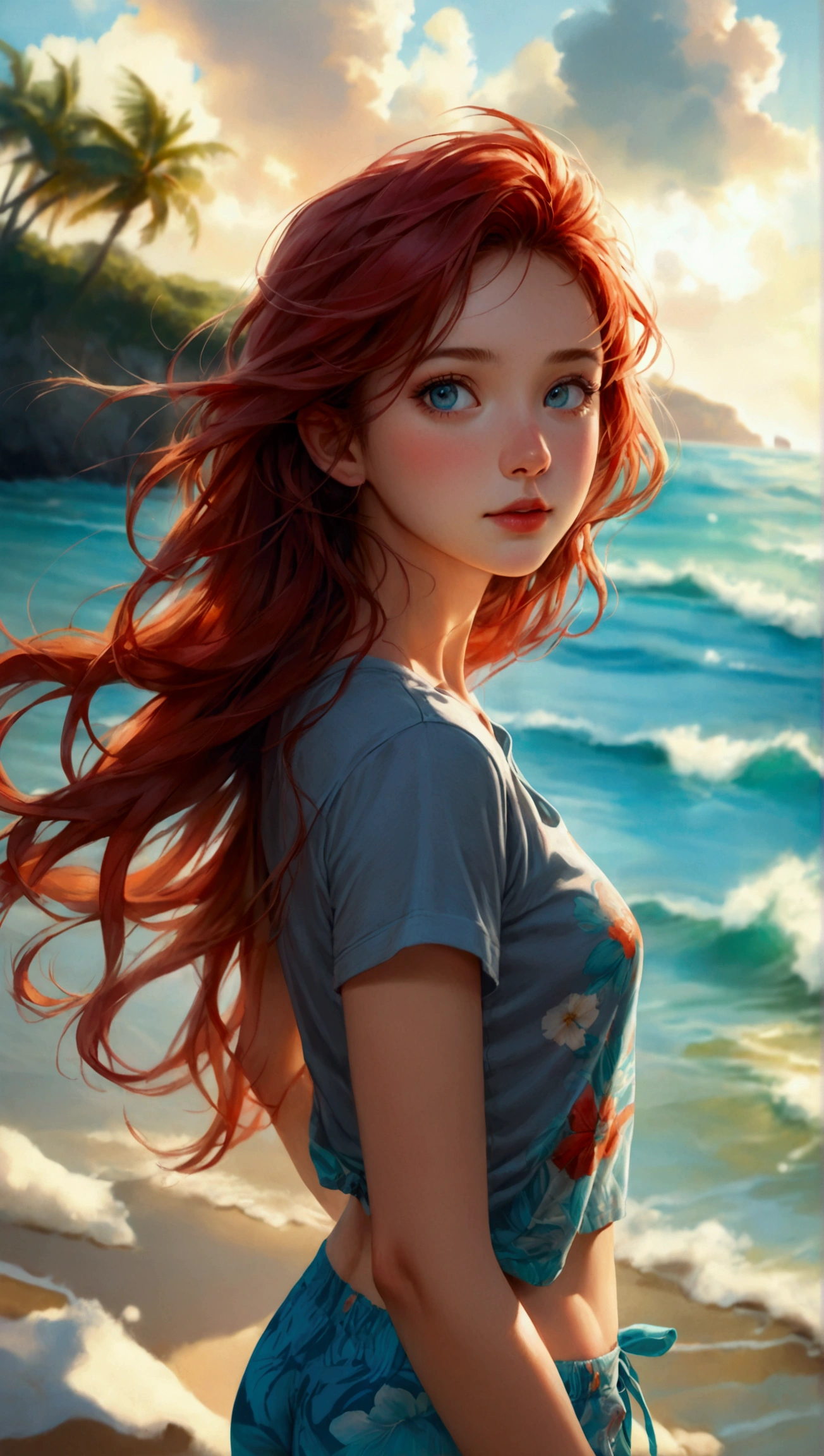 (best quality,ultra-detailed,photo-realistic:1.37), A full-body cinematic shot from below captures a young and cheerful Irish woman at leisure walking on the sandy shore. Under the blue sky with fluffy white clouds, her long wavy red hair is flowing in the ocean breeze, as she subtle looking back at the camera, giving the view a gentle blush. Her square face is adorned with pale-green slanted eyes, low cheek bones, Roman nose, square chin and glossy lips. Her cool-undertone fair complexity matches very well with her beach outfit featuring a gray t-shirt paired with a tiffany-blue bikini pants in floral print, accentuating her carefree moment at the beach. The shot is set against an aquamarine coastline in the evening overlooking the deep blue ocean, and tropical flora swaying in the gentle breeze. (full-body shot), (anatomically correct), (walking), (looking back the viewer), (from below), (square face, square chin, slanted eyes), intricate details, very fine, ((wide angle)), (gray t-shirt, bikini pants), vibrant colors