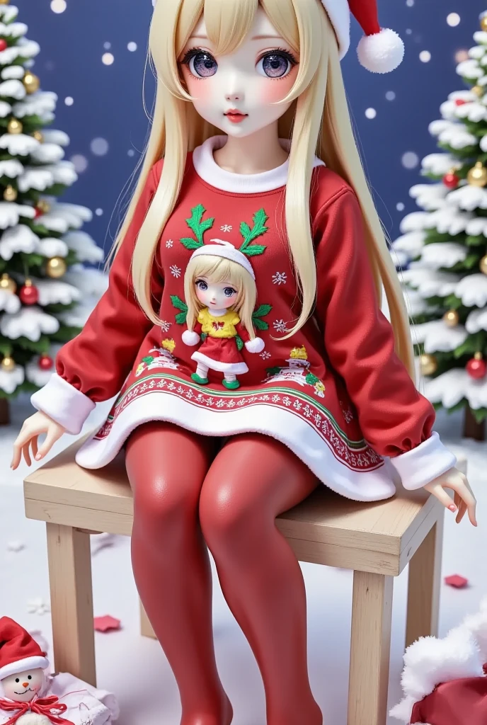 Christmas gift, Christmas,full body,artist: wlop,artist:chen_bin,[[artist:ke-ta]], artist: hitenkei,[[artist: sheya]],good work, (best quality), illustration, depth of field, (color),masterpiece,best quality,petite,cute,loli, (scenery, volumetric lighting), Christmas sweater,Christmas, dress, no shoes, red pantyhose ,santa_hat ,solo,sitting, full body,