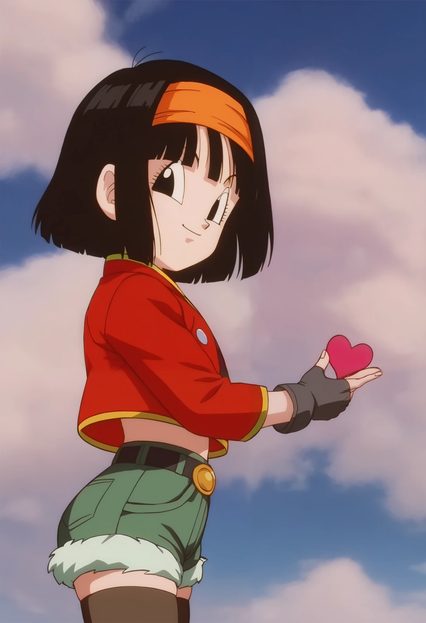 source_anime, score_9, score_8_up, score_7_up, anime screencap, absurdres, high quality,
pan \(dragon ball\), xeno, official style, 1girl, solo, looking at viewer, black eyes, smile, closed mouth, short hair, black hair, bangs, orange hairband, red jacket, (green short shorts), (dark green shorts), long black stockings, from side, dusk, cloudy sky, outdoors, portrait, close-up, single brown kneepads, winkin, 
 ((Hearts sign hands:1.2)).
 