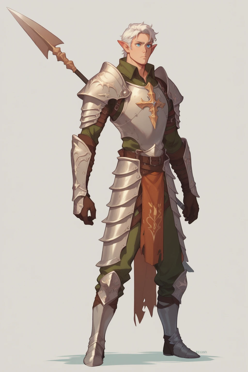 an elf man with long white hair who has a centurian sword who has blue eyes and on his back a spear who wears armor similar to that of a knight mixed with a rogue who shows from head to toe the character with a design sheet