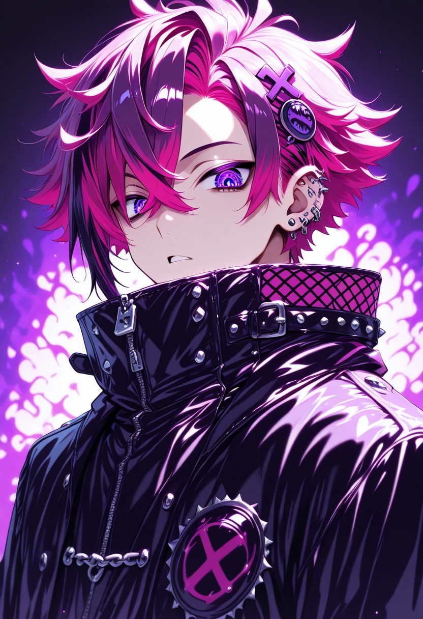 1male, high collar clothes, punk hair,purple eyes, ripple pattern pupils