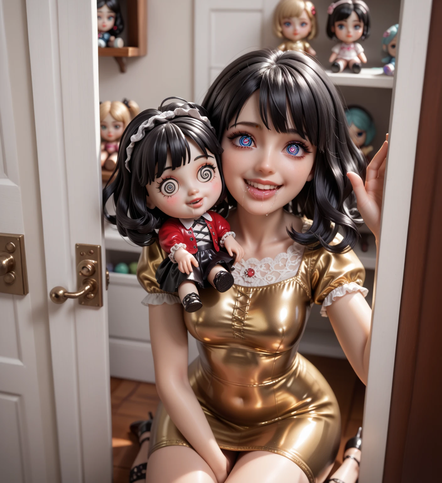 (realistic painting style:0.9), masterpiece, highest quality,  disorganized, looking at the viewer, alone, (グレーのbaby doll:1.5),  Bronya Zaichik, red eyes, , long hair, gray hair, bangs, gray eyes, earrings, drill hair, hair between eyes, hair ornaments, (baby doll:1.3), See-through, bed, No expression