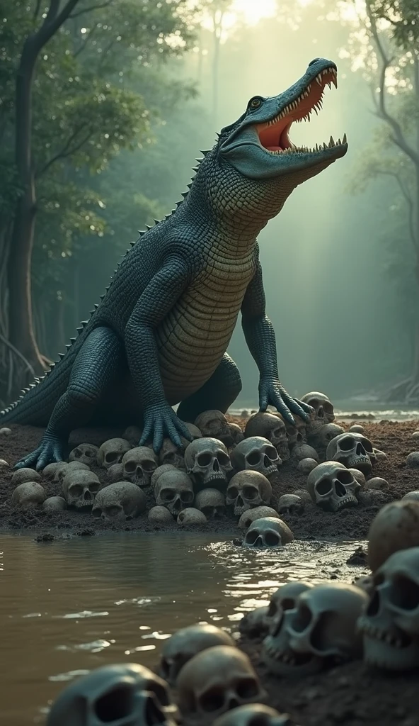 "A highly detailed and dramatic scene of a large, menacing crocodile resting on a pile of human skulls. The background features a dark, murky swamp with eerie, overcast skies and dense mangroves. The crocodile is in a dominant position, with its mouth open, displaying sharp teeth, and the environment is ominous and foreboding.