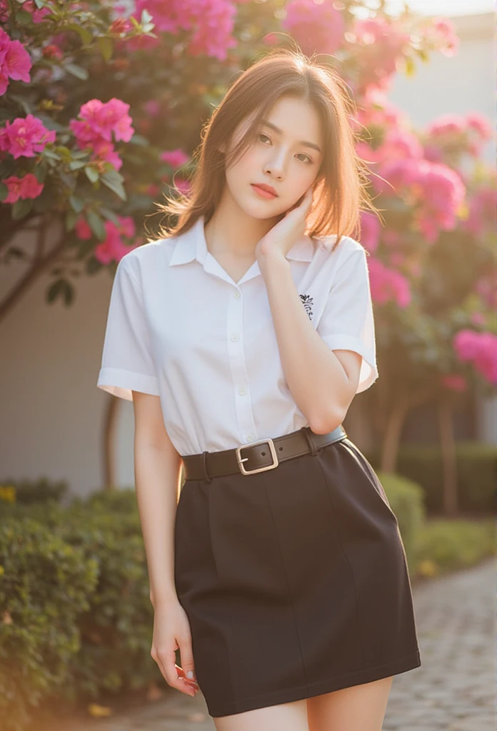 Korean woman with Natural loose hair, smirk,  wearing white collared shirt short sleeves, belt, short black pencil skirt , hand on face pose, bougainvillea, sun light, Kodak Gold 200 film, university uniform