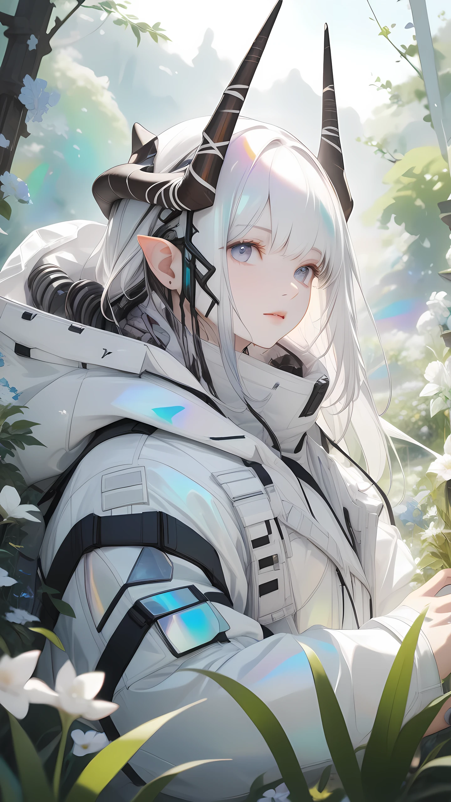 1girl, mudrock \(arknights \),white dress, iridescent color,  horns, upper body,outdoors, garden, flower, on grass, looking at viewer, (masterpiece), (best quality), (ultra-detailed), very aesthetic, illustration, perfect composition, moist skin, intricate details, mysterious, fantasy,