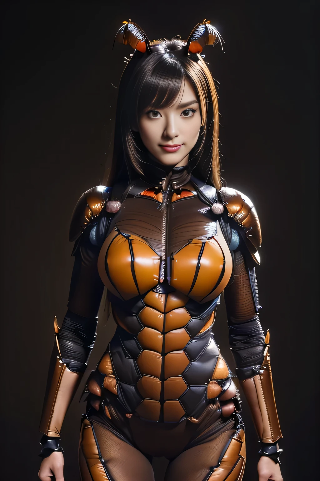 (high resolution,masterpiece,best quality,extremely detailed CG, anime, official art:1.4), realistic, photo, amazing fine details, all intricate, gloss and shiny,awesome many layers, 8k wall paper, 3d, sketch, kawaii, illustration,( solo:1.4), perfect female proportion,villainess, (fusion of dark brown cockroach and lady:1.4), (brown cockroach form lady:1.2), (brown cockroach lady:1.2), (fusion:1.2), (solo:1.4), (evil smile:1.2), muscular, abs, (cockroach brown exoskeleton bio insect suit:1.4), (cockroach brown exoskeleton bio insect armor:1.2), (brown transparency cockroach wing:1.4), (brown cockroach antennae:1.3),