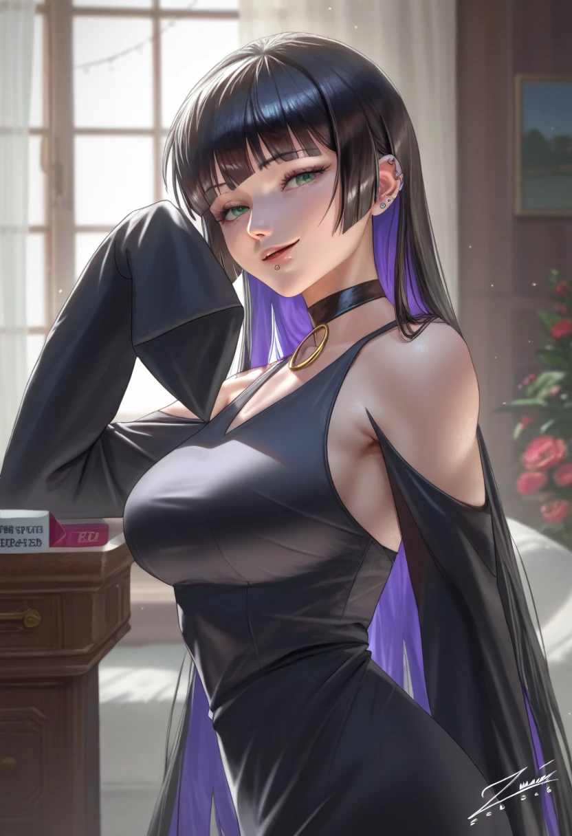 (zumi:0.8),clickagain,(nomalman:1.1),score_9, score_7_up, 1girl, solo, pasan, colored inner hair, large breasts, ear piercing, chin piercing, hime cut, choker, black dress, long dress, shoulder cutout, sleeves, upper body, seductive smile, indoors, arms behind back,from front, facing viewer, armpits