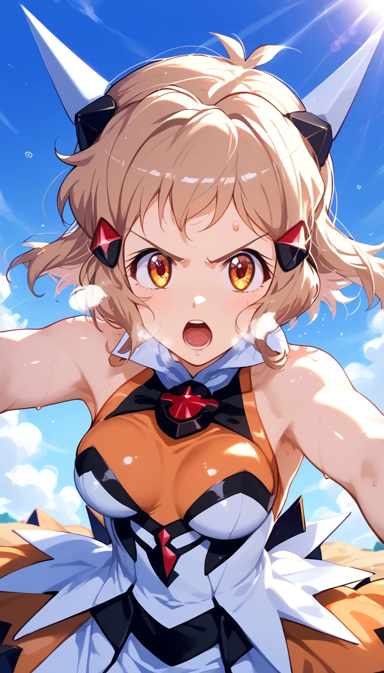  top quality ,  soft light during the cruise,  super high res, cute, Beautiful face in every detail , high resolution details of human skin texture, shiny skin,sweat,Heat, white breath ,Take a deep breath,Hibiki Tachibana,Brown Hair,Short Hair, battle costume,Outdoor Arena,sunlight, serious eyes,Ready,Big eyes, Symphogear ,armed gear , open mouth ,fist