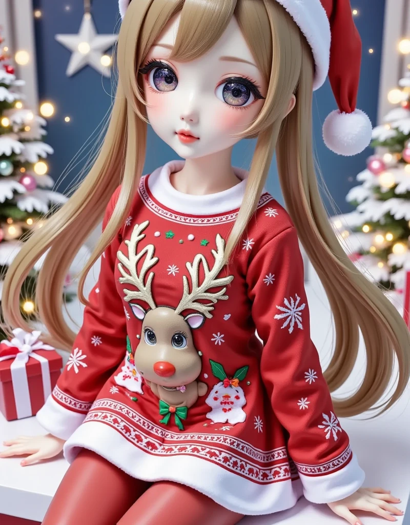 Christmas gift, Christmas,full body,artist: wlop,artist:chen_bin,[[artist:ke-ta]], artist: hitenkei,[[artist: sheya]],good work, (best quality), illustration, depth of field, (color),masterpiece,best quality,petite,cute,, (scenery, volumetric lighting), Christmas sweater,Christmas, dress, no shoes, red pantyhose ,santa_hat ,solo,sitting, full body,