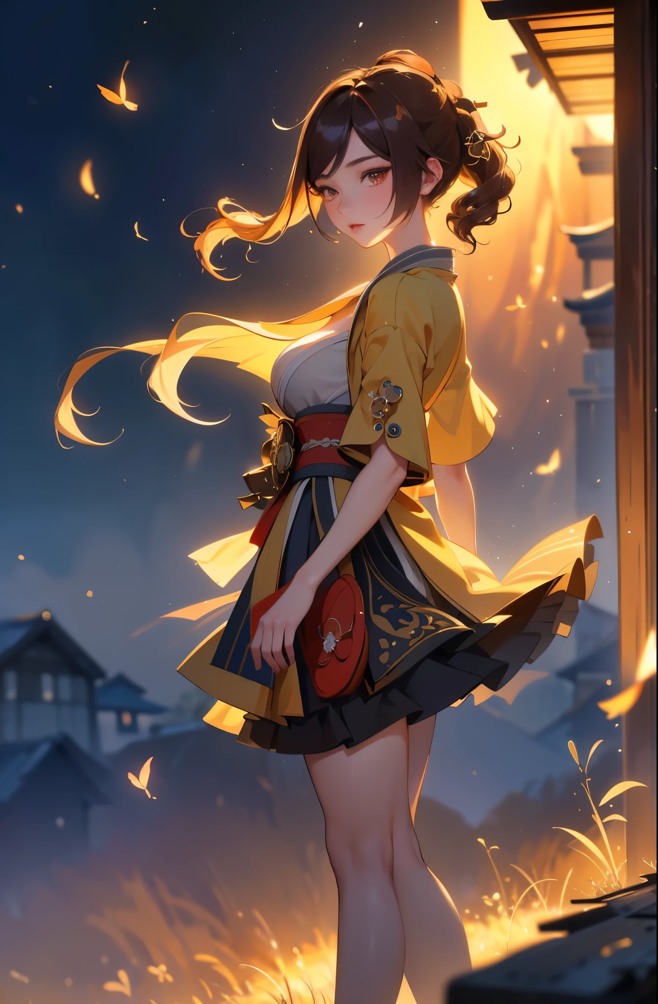 [chiori gi]:1.5,((masterpiece,highest quality,Highly detailed images,Beautiful images))1.4(chiori images、large breasts, japanese old houses、The wind is blowing、Overall dim lighting、Backlight、A fantastic atmosphere、Thick Fog、Dust flutters)1.3,(full body image)1.1、