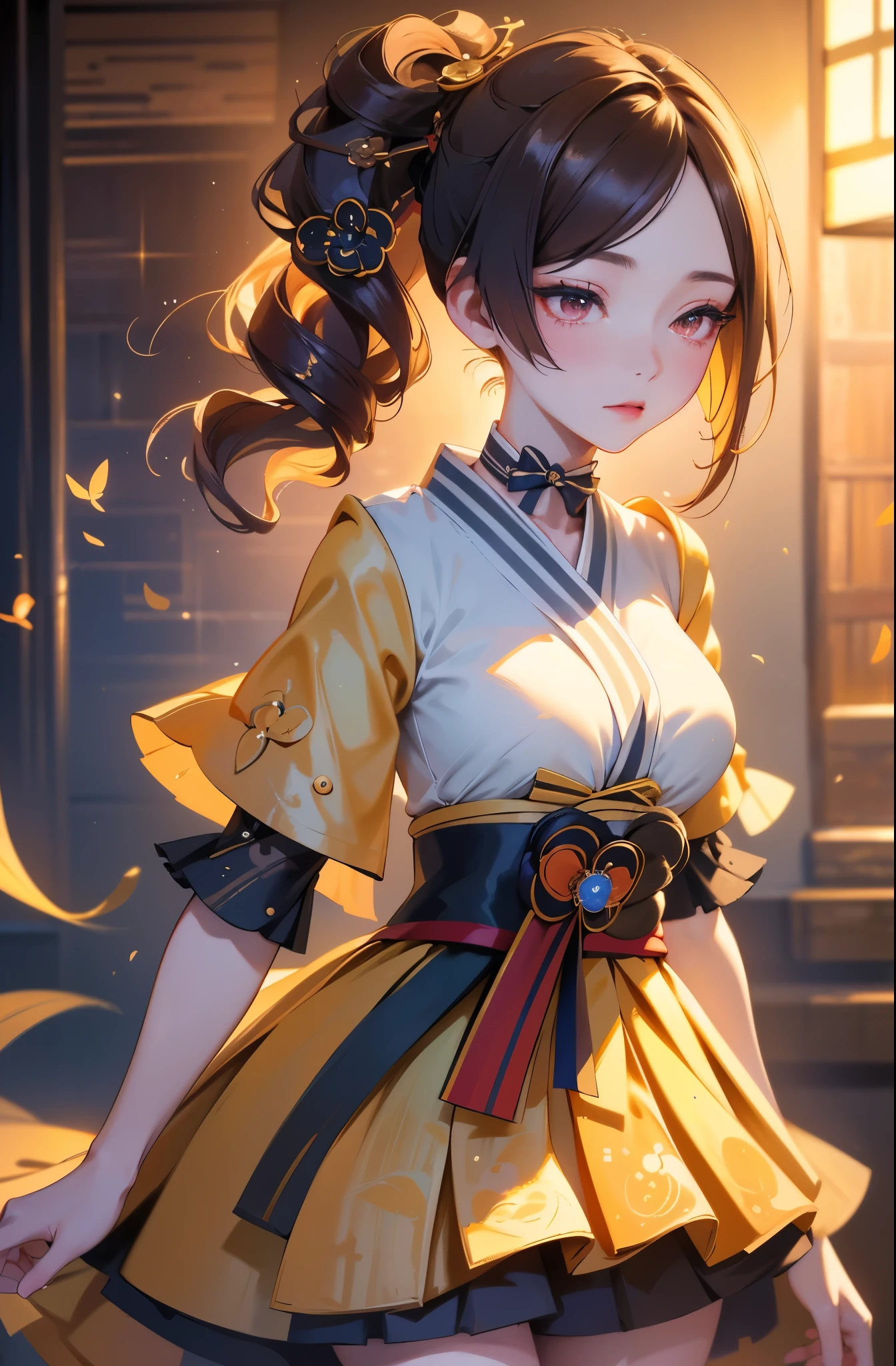 [chiori gi]:1.5,((masterpiece,highest quality,Highly detailed images,Beautiful images))1.4(chiori images、large breasts, japanese old houses、The wind is blowing、Overall dim lighting、Backlight、A fantastic atmosphere、Thick Fog、Dust flutters)1.3,(full body image)1.1、