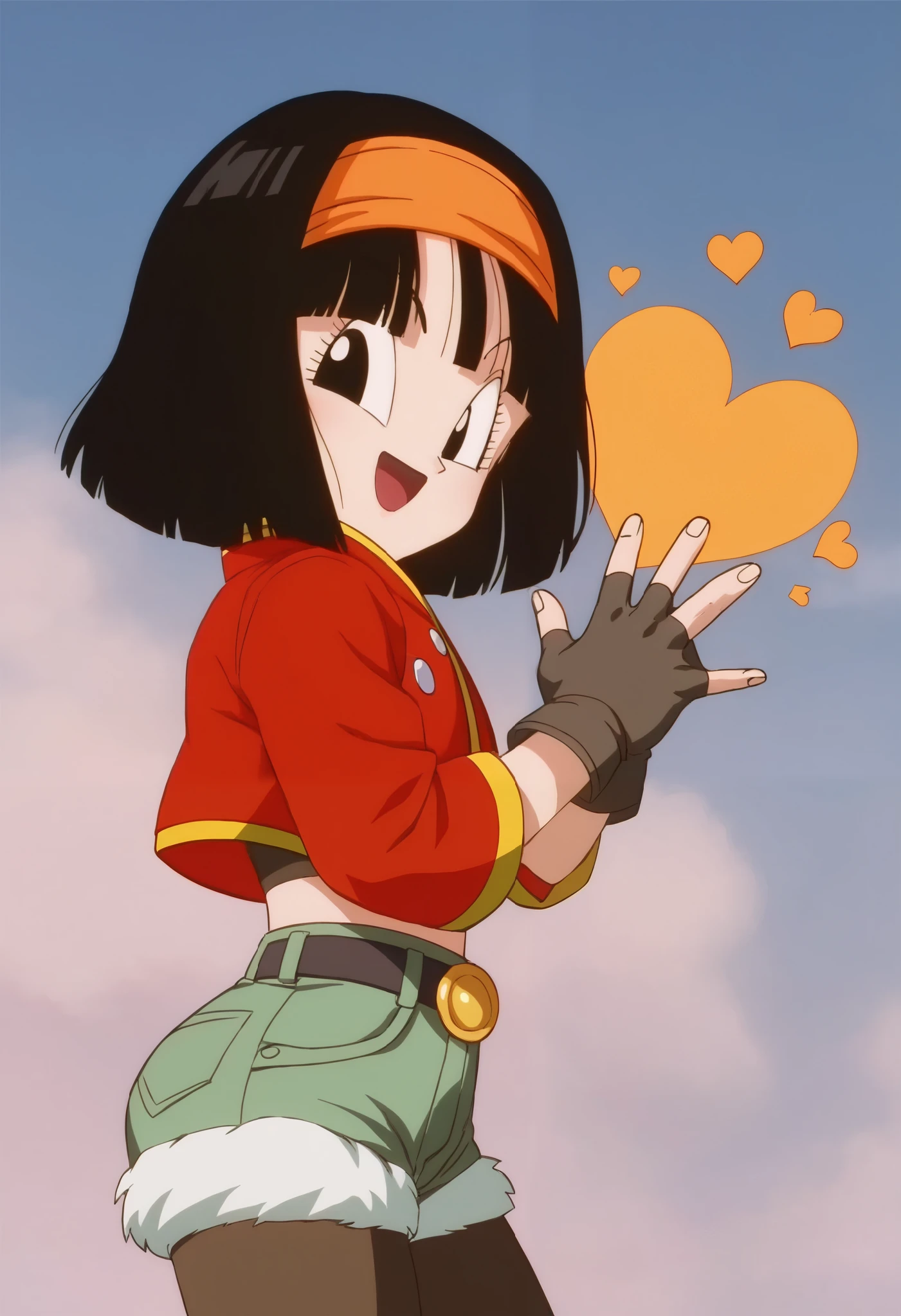 source_anime, score_9, score_8_up, score_7_up, anime screencap, absurdres, high quality,
pan \(dragon ball\), xeno, official style, 1girl, solo, looking at viewer, black eyes, smile, closed mouth, short hair, black hair, bangs, orange hairband, red jacket, (green short shorts), (dark green shorts), long black stockings, from side, dusk, cloudy sky, outdoors, portrait, close-up, single brown kneepads, winkin, 
 ((Hearts sign hands:1.2)). Hands sign, smile, open mouth, 
 