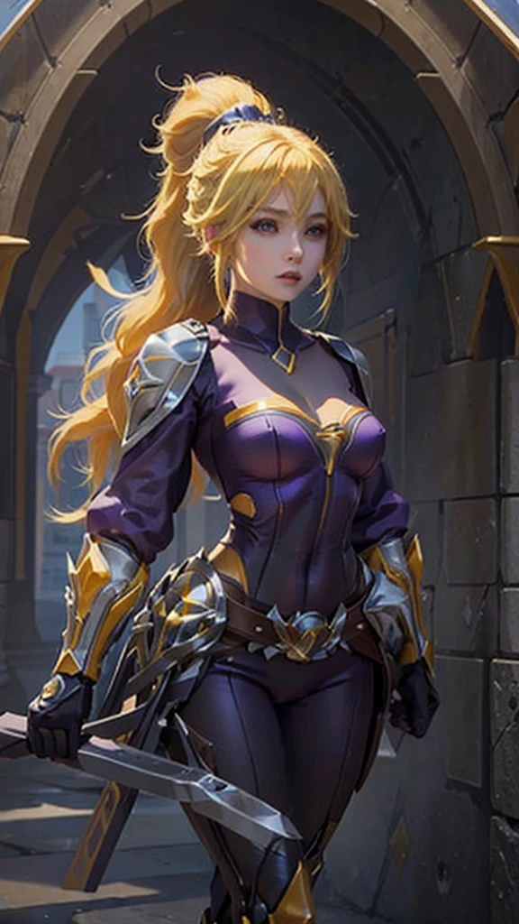 FannyMLBB, 1girl, solo, long hair, blonde hair, gloves, long sleeves, cleavage, hair between eyes, brown eyes, medium breasts, ponytail, ahoge, belt, fingerless gloves, armor, grey eyes, purple bodysuit, shoulder armor, gauntlets, Alliance logo tabard