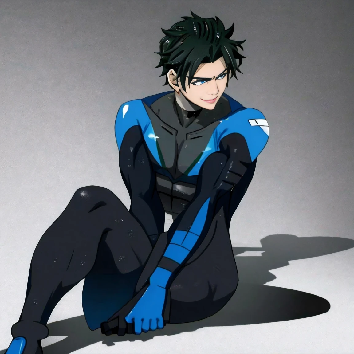   nightwingsuit, cute young man  ,   sexy body ,   tall  , Shiny black hair, upright, 